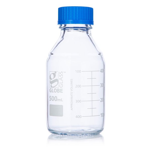 Globe Scientific Bottle, Media, Globe Glass, 500mL, GL45 Screw Cap, Dual Graduations, 10/Box 8100500